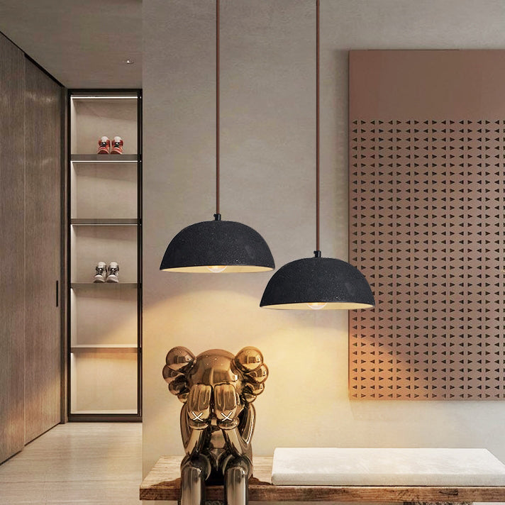 Moderne minimalistische halbrunde 1-flammige Pendelleuchte aus Keramik und Holz für Esszimmer 