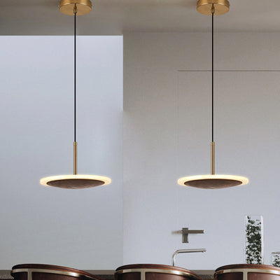 Modern Round Brown Walnut Wood 1-Light LED Pendant Light