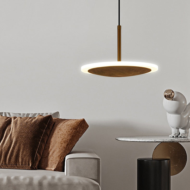 Modern Round Brown Walnut Wood 1-Light LED Pendant Light