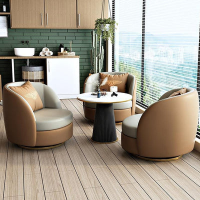 Modern Luxury Round Cat Scratch Leather Upholstered Swivel Accent Chair Backrest Armrest For Living Room