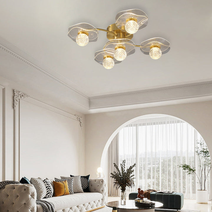 Moderne Luxus Messing Acryl Lotusblatt Polyeder Ball 5/11 Licht Semi-Flush Mount Deckenleuchte für Wohnzimmer 