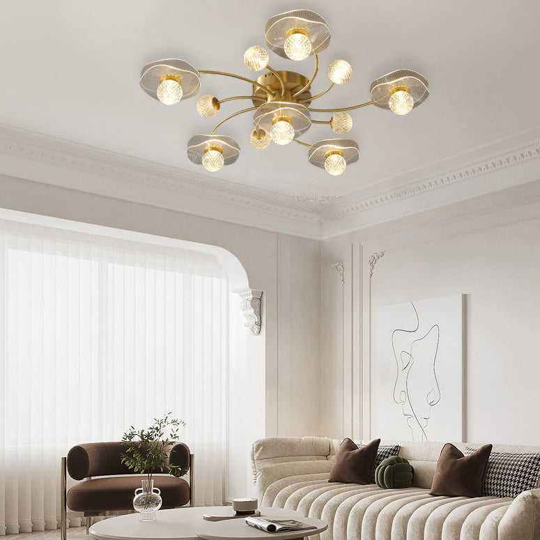 Moderne Luxus Messing Acryl Lotusblatt Polyeder Ball 5/11 Licht Semi-Flush Mount Deckenleuchte für Wohnzimmer 