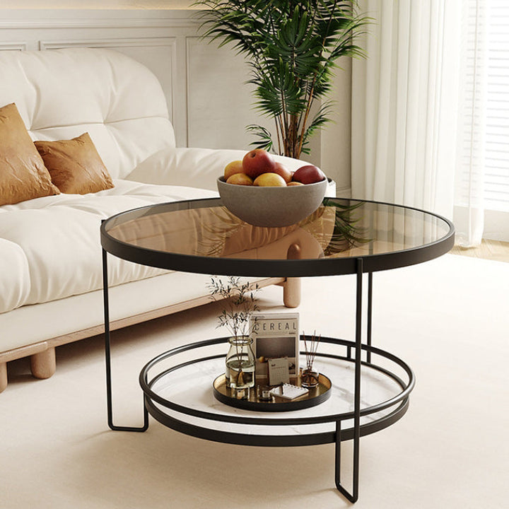 Table basse ronde minimaliste moderne en verre écologique à 2 niveaux en fer pour salon 