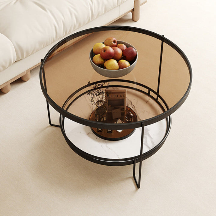 Table basse ronde minimaliste moderne en verre écologique à 2 niveaux en fer pour salon 