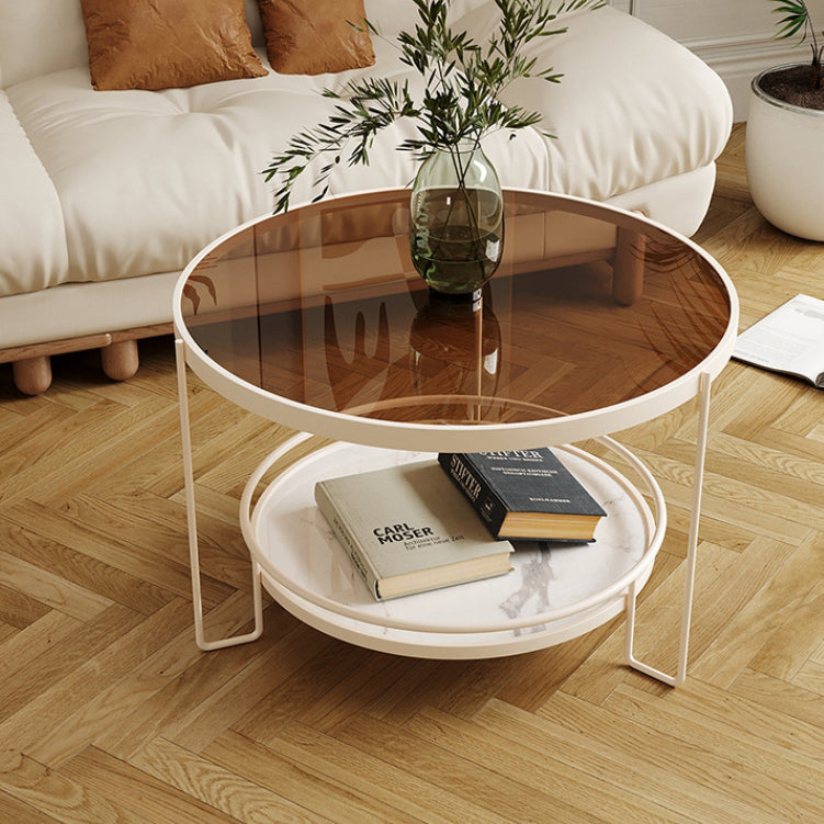 Table basse ronde minimaliste moderne en verre écologique à 2 niveaux en fer pour salon 