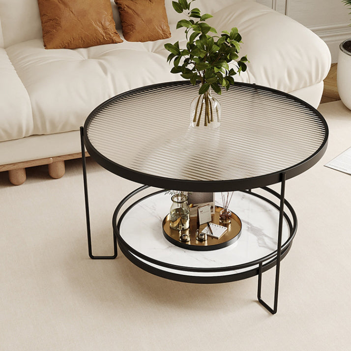 Table basse ronde minimaliste moderne en verre écologique à 2 niveaux en fer pour salon 