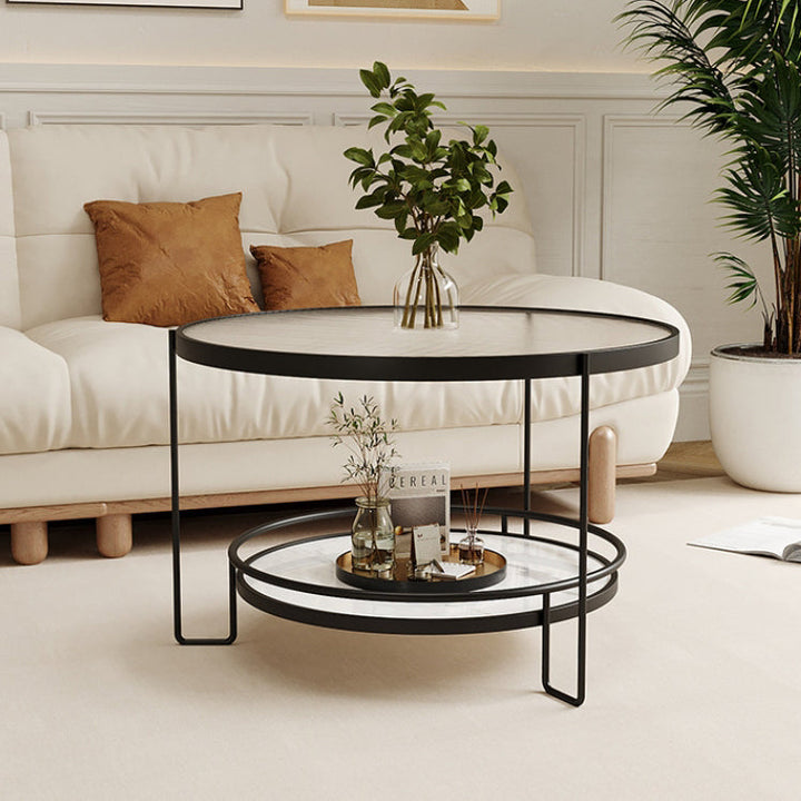 Table basse ronde minimaliste moderne en verre écologique à 2 niveaux en fer pour salon 