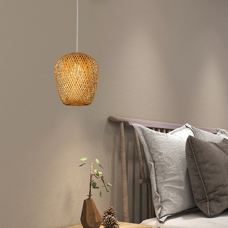 Traditionelle Vintage-Pendelleuchte aus Bambus und Metallgeflecht, rund, 1-flammig, für das Wohnzimmer 