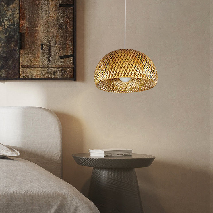 Traditionelle Vintage-Pendelleuchte aus Bambus und Metallgeflecht, rund, 1-flammig, für das Wohnzimmer 