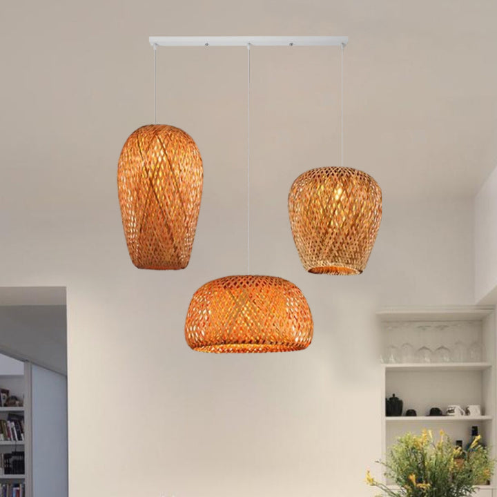 Traditionelle Vintage-Pendelleuchte aus Bambus und Metallgeflecht, rund, 1-flammig, für das Wohnzimmer 