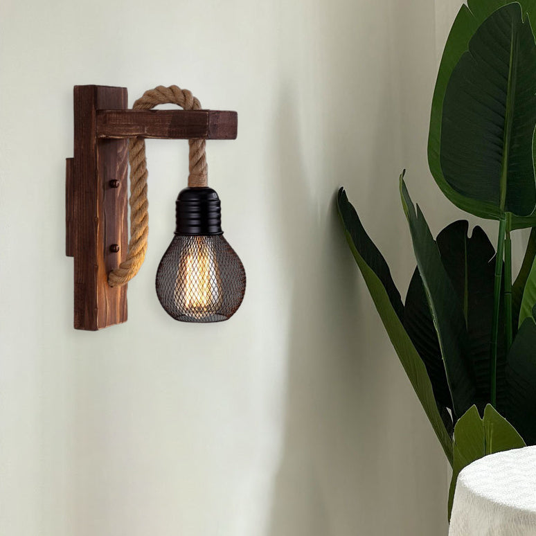 Lámpara de Aplique de Pared de 1 Luz con Colgante Cúbico de Vidrio de Hierro con Cuerda de Cáñamo de Madera Industrial Contemporánea para Pasillo 