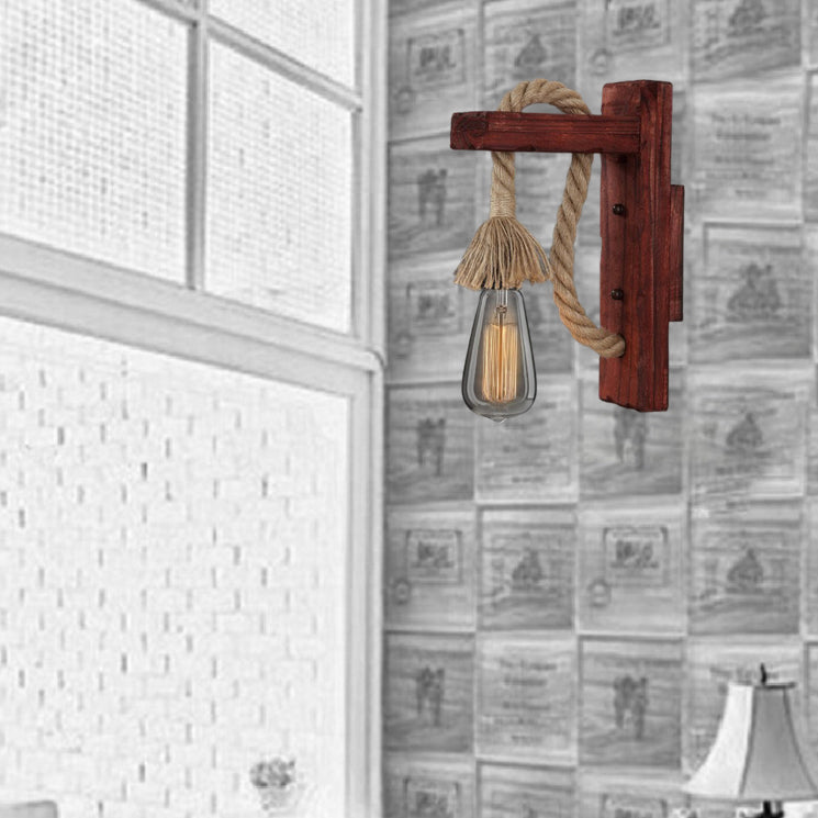 Lámpara de Aplique de Pared de 1 Luz con Colgante Cúbico de Vidrio de Hierro con Cuerda de Cáñamo de Madera Industrial Contemporánea para Pasillo 