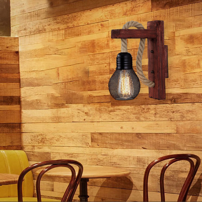 Lámpara de Aplique de Pared de 1 Luz con Colgante Cúbico de Vidrio de Hierro con Cuerda de Cáñamo de Madera Industrial Contemporánea para Pasillo 