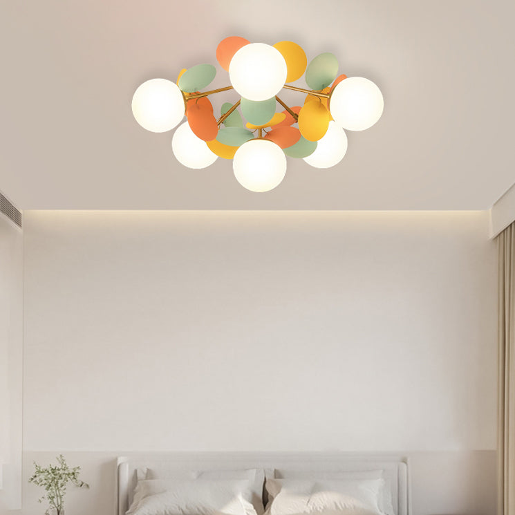 Zeitgenössische nordische Eisen Acrylglas Blume Zweig Runde Kugel 4/6/8 Licht Halbbündige Montage Deckenleuchte für Wohnzimmer 