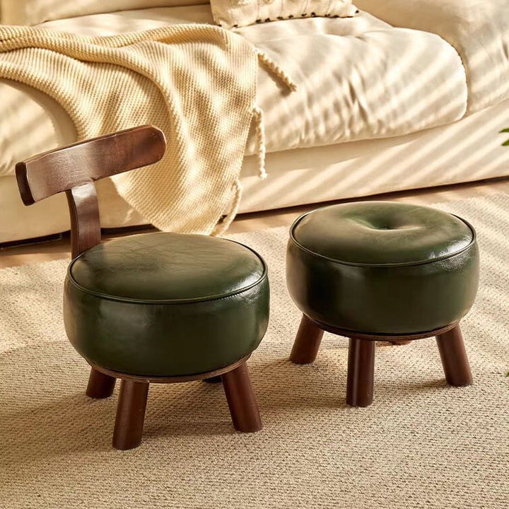 Modern Minimalist Round Bent Oil-Wax Leather Solid Wood Footstool Backrest Armless For Living Room