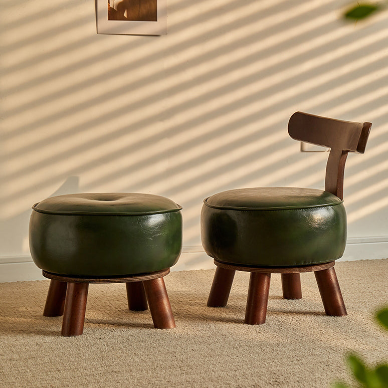 Modern Minimalist Round Bent Oil-Wax Leather Solid Wood Footstool Backrest Armless For Living Room