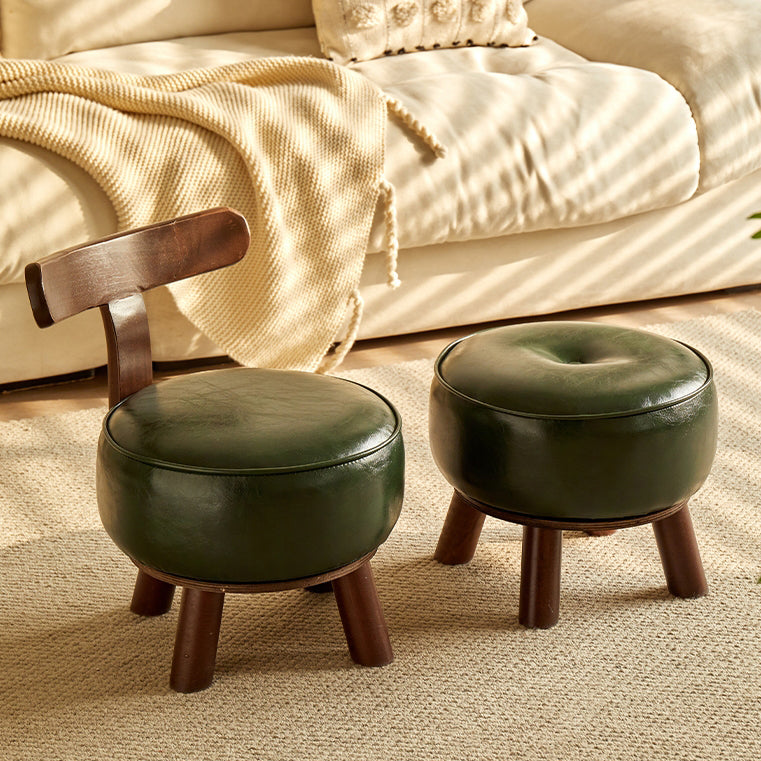 Modern Minimalist Round Bent Oil-Wax Leather Solid Wood Footstool Backrest Armless For Living Room