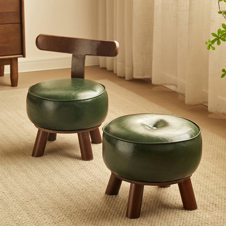Tabouret repose-pieds rond moderne minimaliste en cuir pleine fleur huilé-ciré, bois massif, sans dossier ni accoudoirs, pour salon 