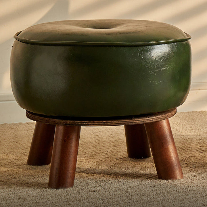Modern Minimalist Round Bent Oil-Wax Leather Solid Wood Footstool Backrest Armless For Living Room