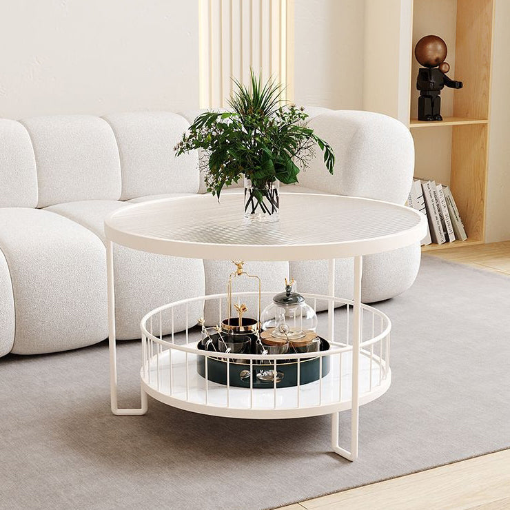 Modern Minimalist Round Tabletop Metal Tempered Glass Coffee Table 1-Shelf For Living Room