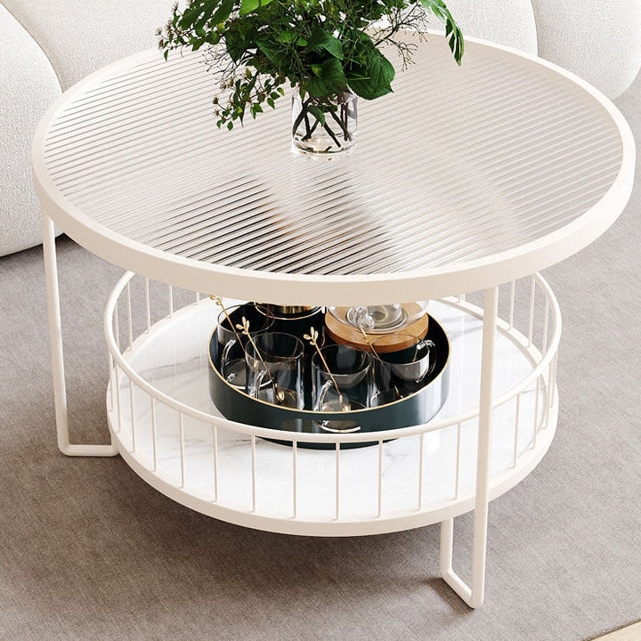 Modern Minimalist Round Tabletop Metal Tempered Glass Coffee Table 1-Shelf For Living Room