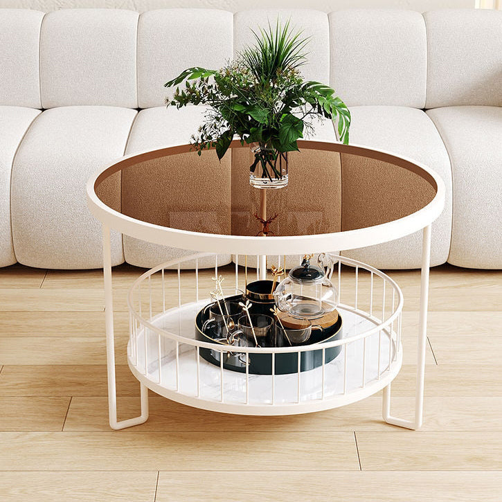 Modern Minimalist Round Tabletop Metal Tempered Glass Coffee Table 1-Shelf For Living Room