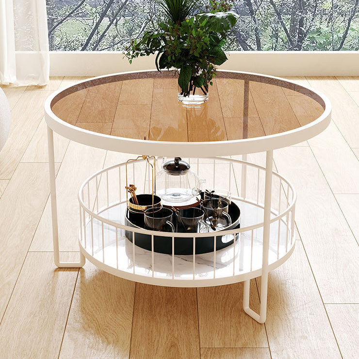 Modern Minimalist Round Tabletop Metal Tempered Glass Coffee Table 1-Shelf For Living Room