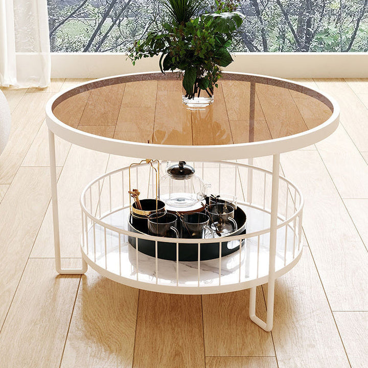 Modern Minimalist Round Tabletop Metal Tempered Glass Coffee Table 1-Shelf For Living Room