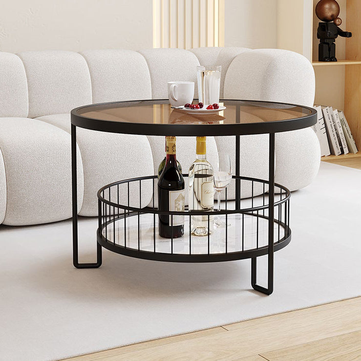 Modern Minimalist Round Tabletop Metal Tempered Glass Coffee Table 1-Shelf For Living Room