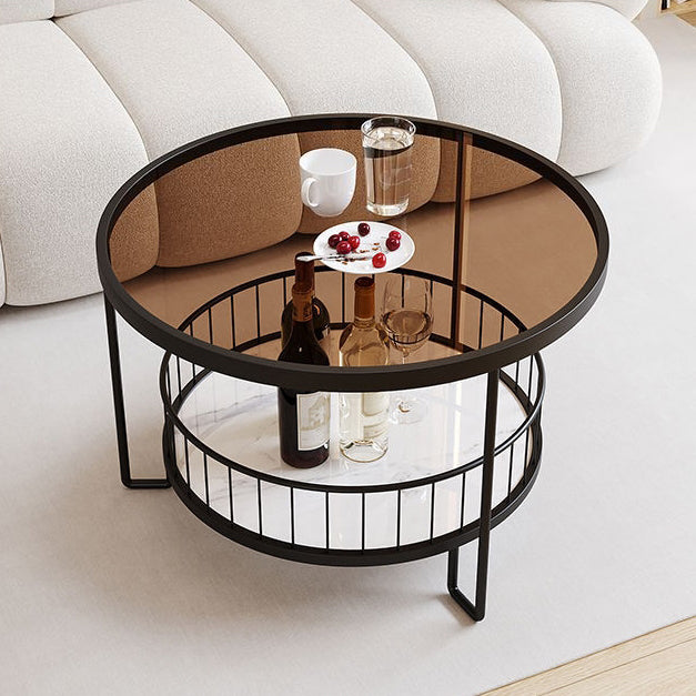Modern Minimalist Round Tabletop Metal Tempered Glass Coffee Table 1-Shelf For Living Room