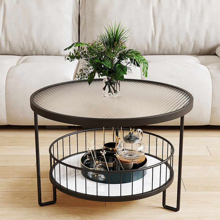 Modern Minimalist Round Tabletop Metal Tempered Glass Coffee Table 1-Shelf For Living Room
