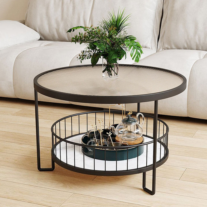 Modern Minimalist Round Tabletop Metal Tempered Glass Coffee Table 1-Shelf For Living Room