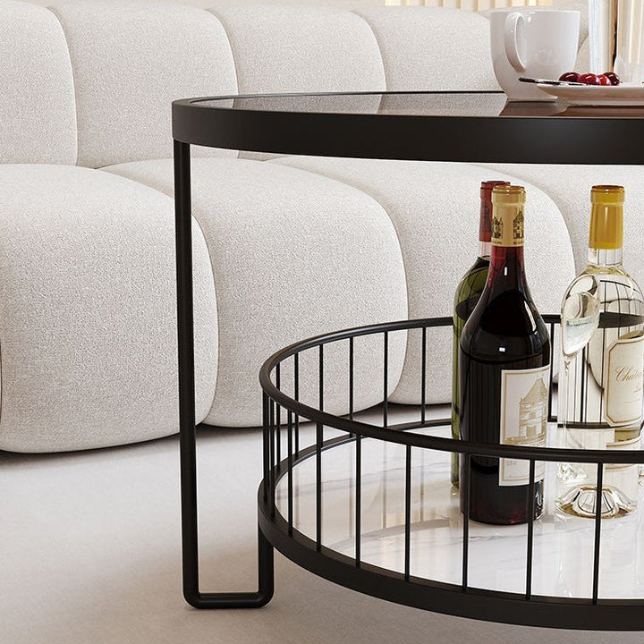 Modern Minimalist Round Tabletop Metal Tempered Glass Coffee Table 1-Shelf For Living Room