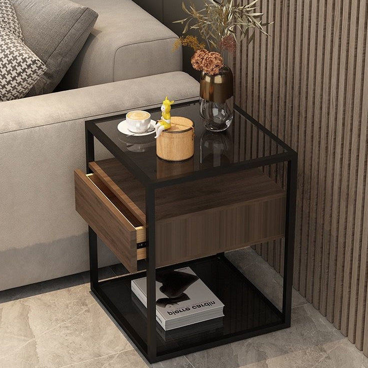 Table de chevet contemporaine scandinave carrée en verre, bois massif, fer et dalle de roche avec 1 tiroir pour chambre 