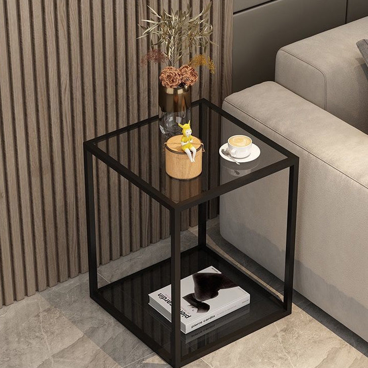 Table de chevet contemporaine scandinave carrée en verre, bois massif, fer et dalle de roche avec 1 tiroir pour chambre 