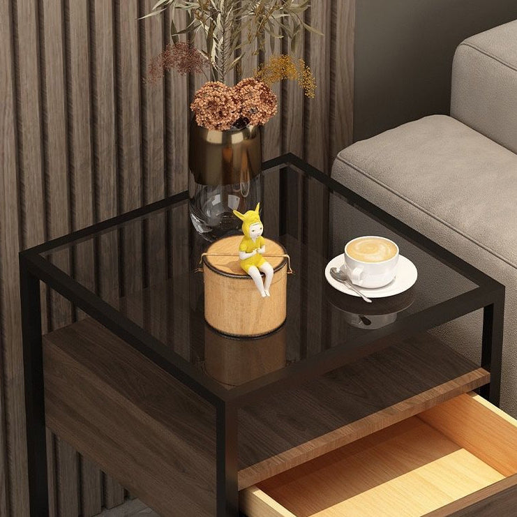 Table de chevet contemporaine scandinave carrée en verre, bois massif, fer et dalle de roche avec 1 tiroir pour chambre 