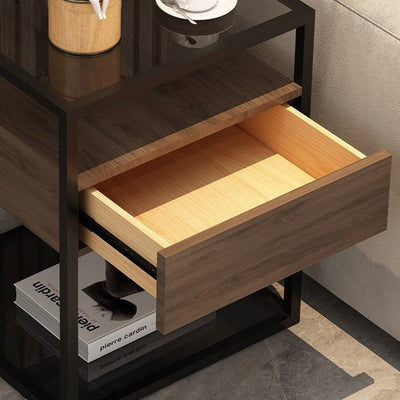 Table de chevet contemporaine scandinave carrée en verre, bois massif, fer et dalle de roche avec 1 tiroir pour chambre 
