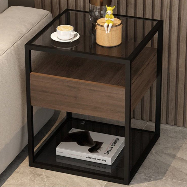 Table de chevet contemporaine scandinave carrée en verre, bois massif, fer et dalle de roche avec 1 tiroir pour chambre 