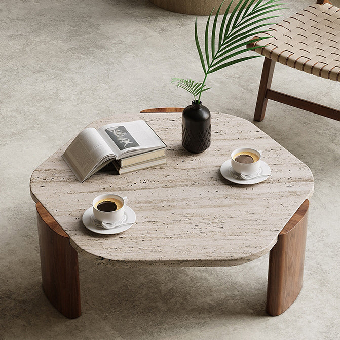 Mesa de centro contemporánea nórdica hexagonal de travertino con 3 patas de madera para sala de estar 