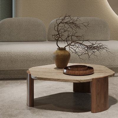 Mesa de centro contemporánea nórdica hexagonal de travertino con 3 patas de madera para sala de estar 