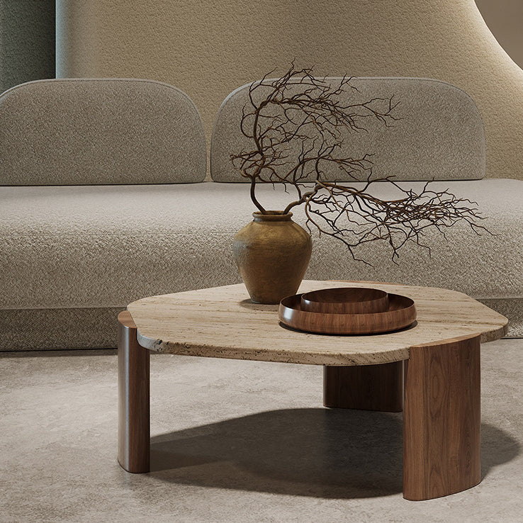 Mesa de centro contemporánea nórdica hexagonal de travertino con 3 patas de madera para sala de estar 