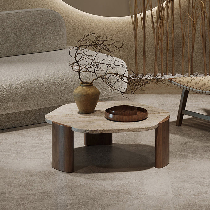 Mesa de centro contemporánea nórdica hexagonal de travertino con 3 patas de madera para sala de estar 