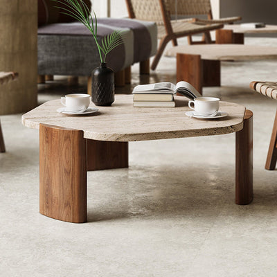 Mesa de centro contemporánea nórdica hexagonal de travertino con 3 patas de madera para sala de estar 
