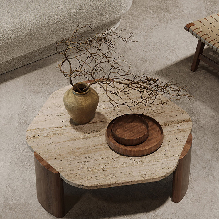 Mesa de centro contemporánea nórdica hexagonal de travertino con 3 patas de madera para sala de estar 