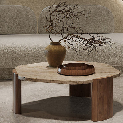 Mesa de centro contemporánea nórdica hexagonal de travertino con 3 patas de madera para sala de estar 