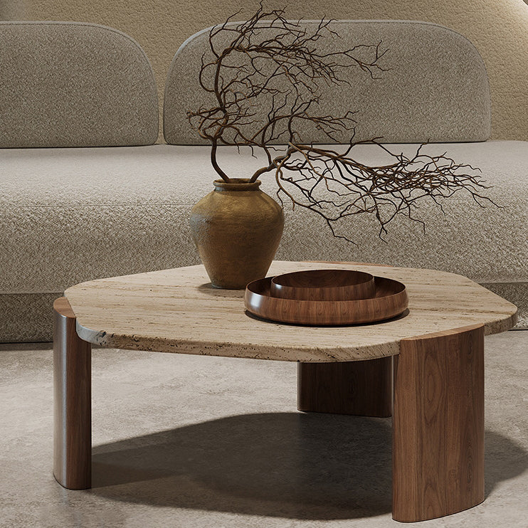 Mesa de centro contemporánea nórdica hexagonal de travertino con 3 patas de madera para sala de estar 