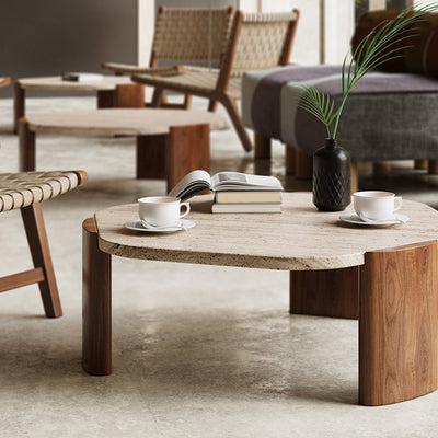 Mesa de centro contemporánea nórdica hexagonal de travertino con 3 patas de madera para sala de estar 