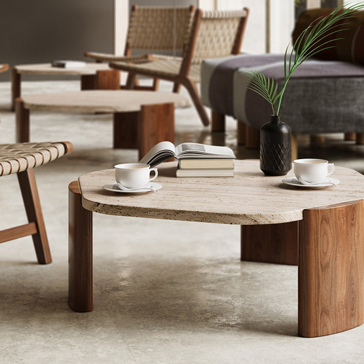 Mesa de centro contemporánea nórdica hexagonal de travertino con 3 patas de madera para sala de estar 