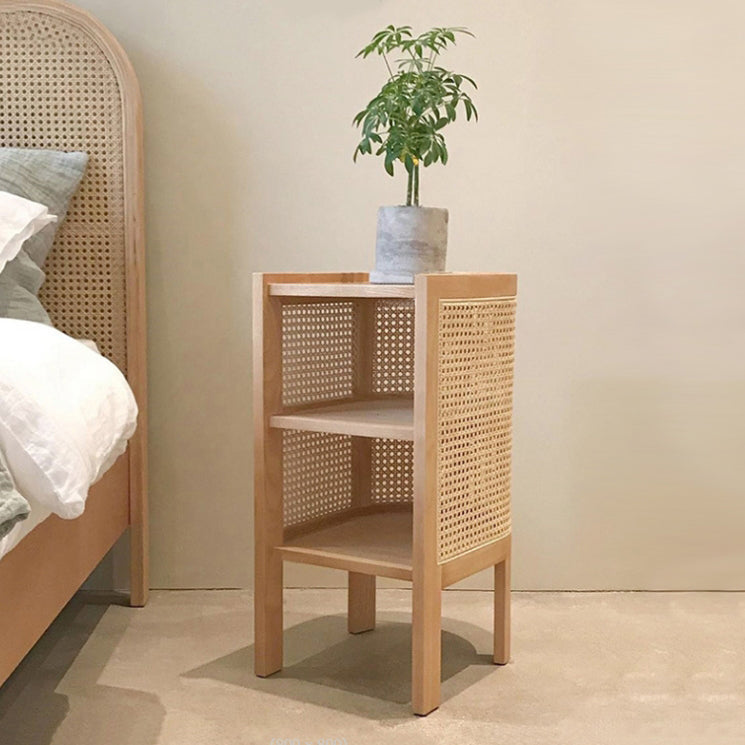 Traditional Japanese Weaving Semicircular Elliptical Faux Rattan Ash Wood Nightstand 2-Storage For Bedside