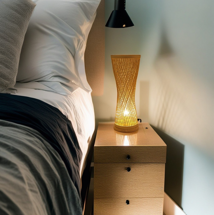 Moderner Bambus-Webzylinder 1 - Tischlampe aus hellem Holz 